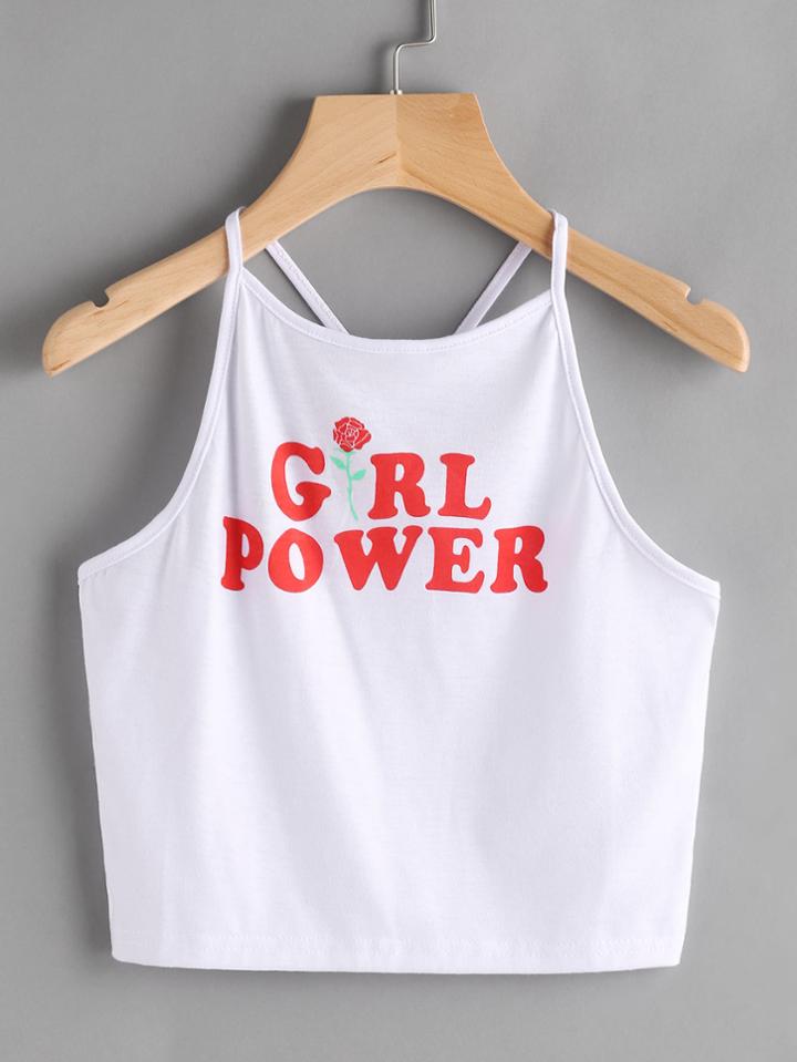 Romwe Letter Print Y Strap Back Top