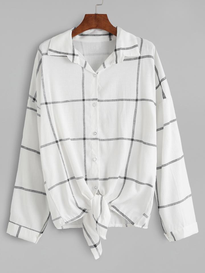 Romwe White Grid Drop Shoulder Knot Blouse