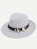Romwe Grey Faux Pearl Embellished Band Fedora Hat