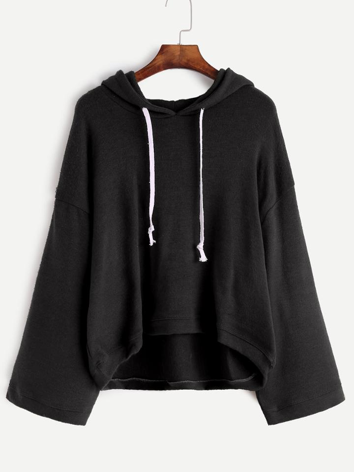 Romwe Black Drop Shoulder High Low Drawstring Hooded Sweater