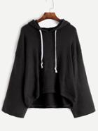 Romwe Black Drop Shoulder High Low Drawstring Hooded Sweater