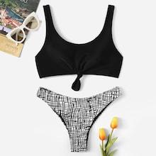 Romwe Knot Front Top With Plaid Bikini Set