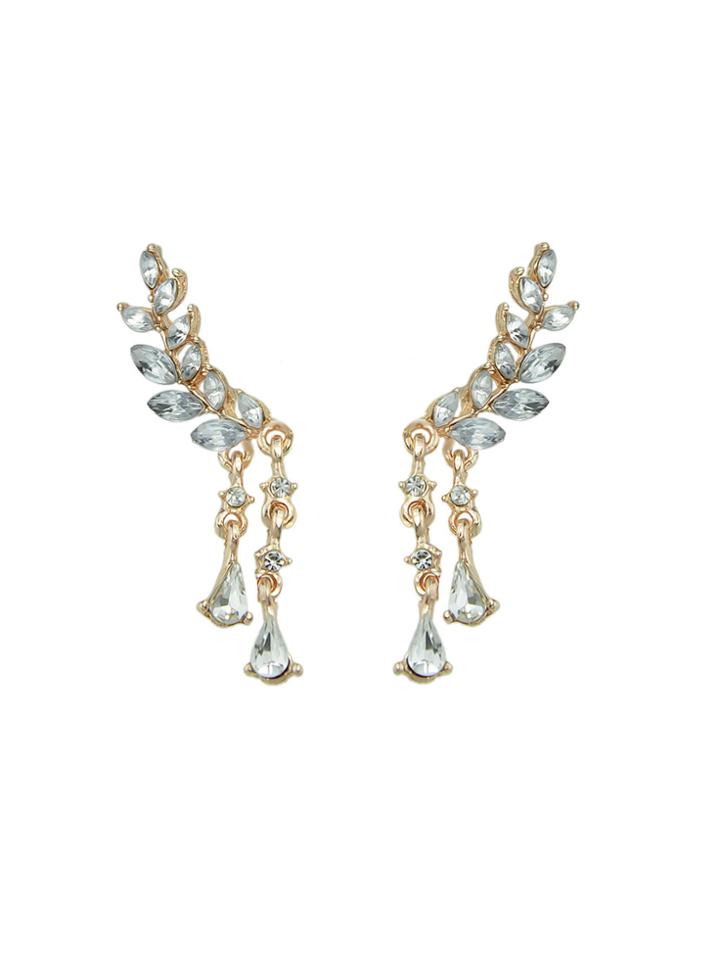 Romwe Gold Color Leaf Pattern With Rhinestone Dangle Earrings