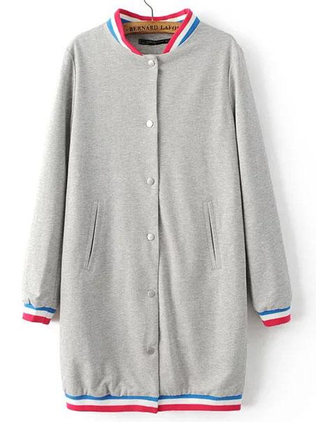 Romwe Grey Striped Trim Button Up Long Jacket