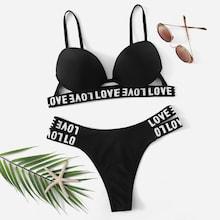 Romwe Letter Tape Underwire Top With Cut-out Bikini Set
