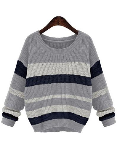 Romwe Round Neck Striped Loose Grey Sweater