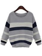 Romwe Round Neck Striped Loose Grey Sweater