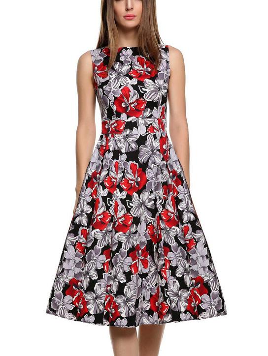 Romwe Multicolor Flower Print Fit And Flare Dress