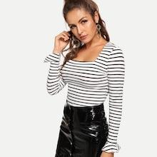 Romwe Square Neck Striped Tee