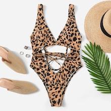 Romwe Random Leopard Belted Backless One Piece Swim