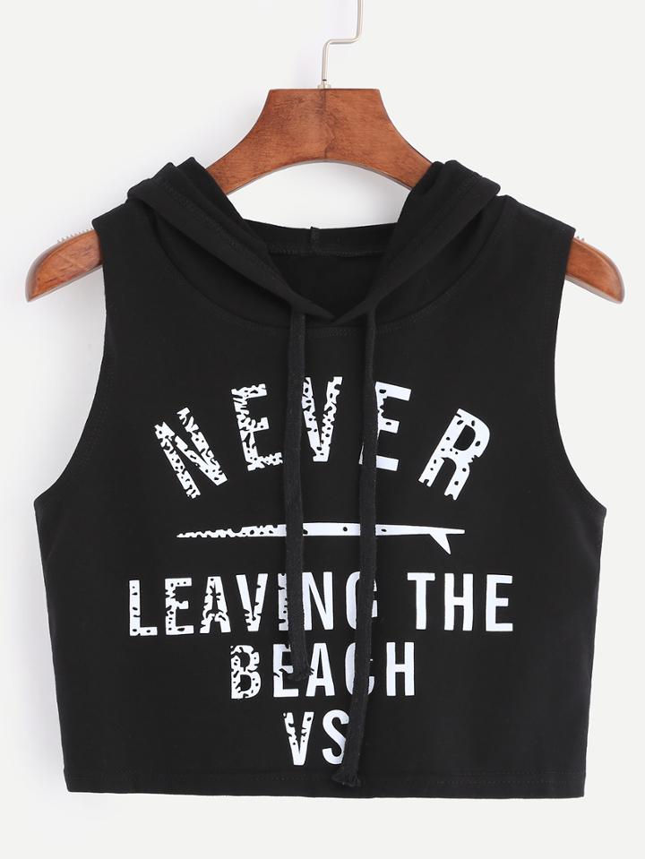 Romwe Black Letters Print Sleeveless Hoodie