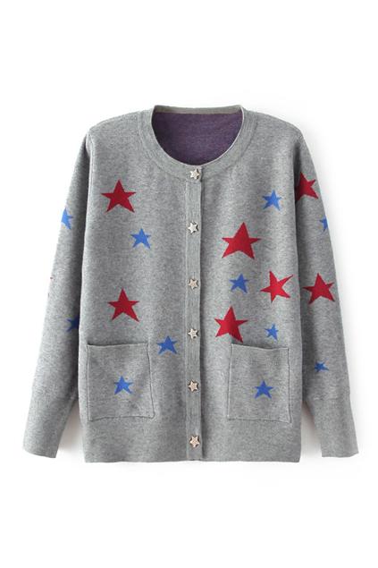 Romwe Star Print Pocketed Grey Cardigan