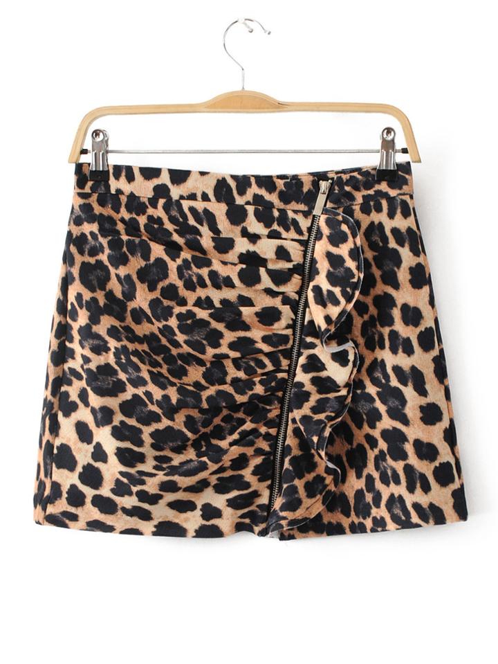 Romwe Leopard Full Zip Ruffle Detail Skirt