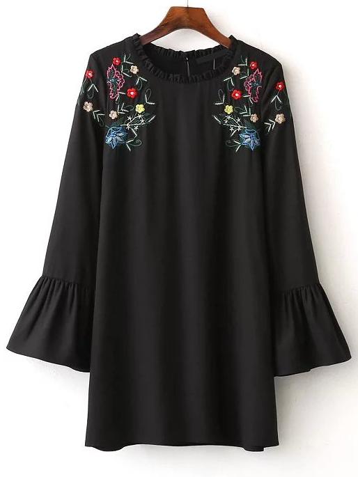 Romwe Black Flower Embroidered Bell Cuff Dress