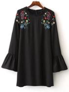 Romwe Black Flower Embroidered Bell Cuff Dress