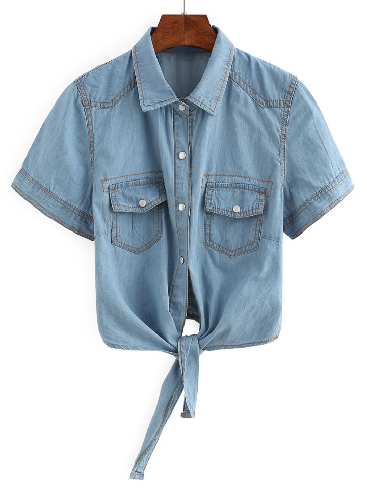 Romwe Tie-front Crop Denim Blouse