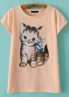 Romwe Pink Short Sleeve Cat Print T-shirt