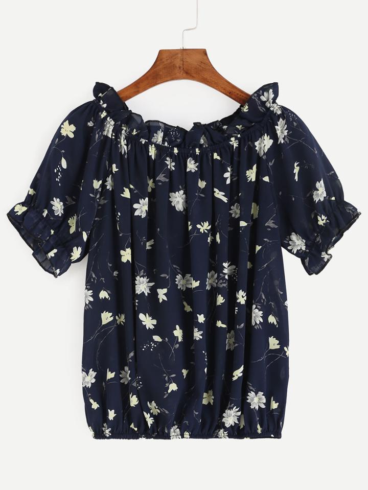 Romwe Navy Flower Print Ruffle Top