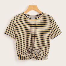 Romwe Striped Twist Front Ribbed Tee