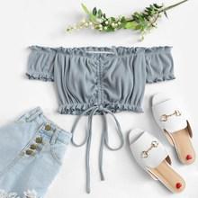 Romwe Off Shoulder Drawstring Detail Frill Trim Solid Tee