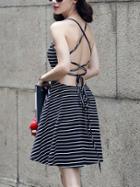 Romwe Black Striped Lace-up Cami Dress