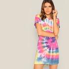 Romwe Rolled Sleeve Tie Dye T-shirt Dress
