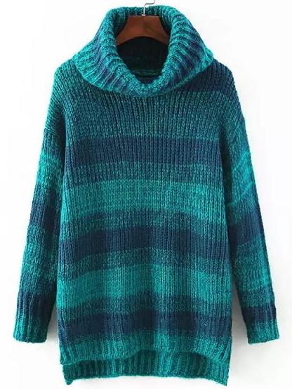 Romwe Turtleneck Striped Dip Hem Green Jumper