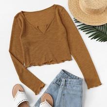 Romwe Solid V Cut Neck Lettuce Trim Tee