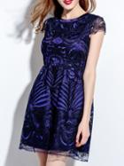 Romwe Navy Disc Flowers A-line Dress