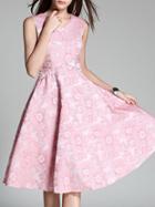 Romwe Pink V Neck Jacquard A-line Dress
