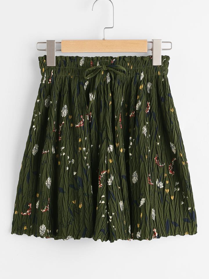 Romwe Ditsy Print Drawstring Shirred Waist Pleated Shorts