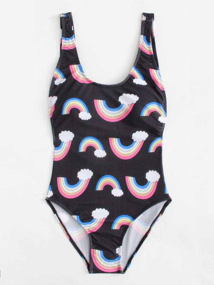 Romwe Rainbow Print Low Back Swimsuit