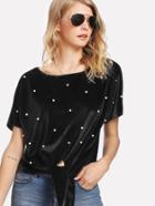 Romwe Pearl Beading Knot Front Velvet T-shirt