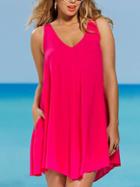 Romwe Hot Pink V Neck Sleeveless Shift Dress