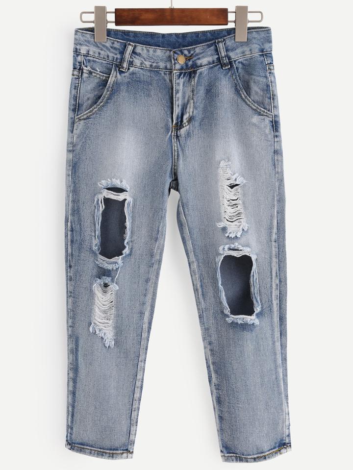 Romwe Blue Bleached Ripped Denim Pants