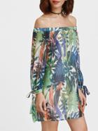 Romwe Tropical Print Off Shoulder Tie Sleeve Dress