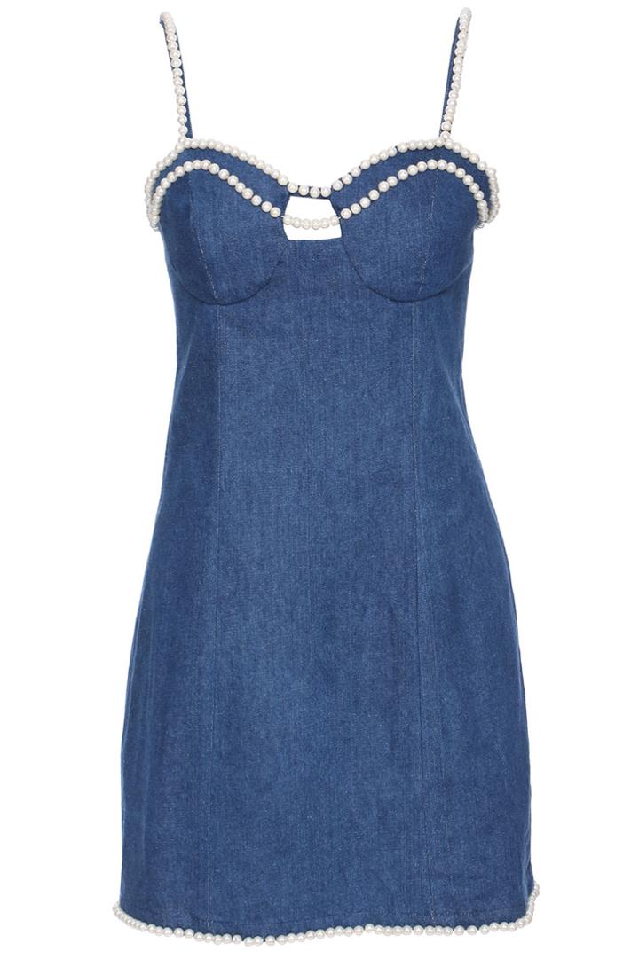 Romwe Romwe Beaded Blue Denim Camisole Dress