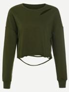 Romwe Army Green Drop Shoulder Distressed Crop Sweatshirt