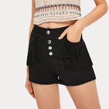 Romwe Button Front Fringe Detail Shorts
