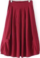 Romwe Elastic Waist Pleated Wine Red Skirt