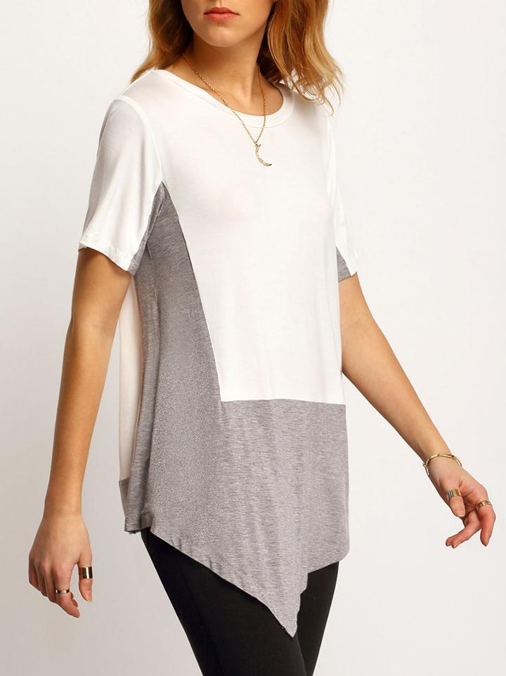 Romwe White Color Block Asymmetric T-shirt