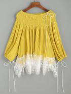 Romwe Yellow Lace Trim Smocked Off The Shoulder Pleated Blouse