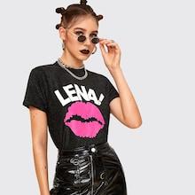 Romwe Lip & Letter Print Glitter Tee