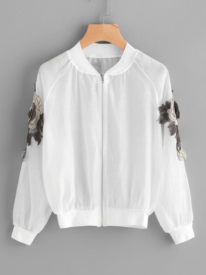 Romwe Floral Applique Zip Up Jacket
