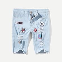 Romwe Men Patched Destroyed Denim Shorts