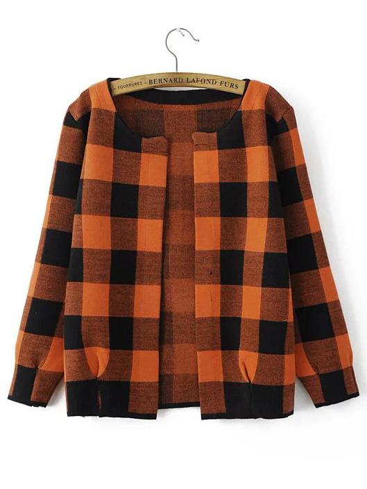 Romwe Orange And Black Checkered Open Front Cardigan