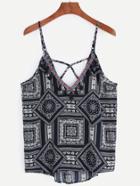 Romwe Black Tribal Print Cami Top With Embroidered Tape Detail