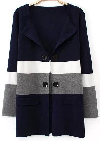 Romwe Navy Long Sleeve Double Breasted Pockets Coat