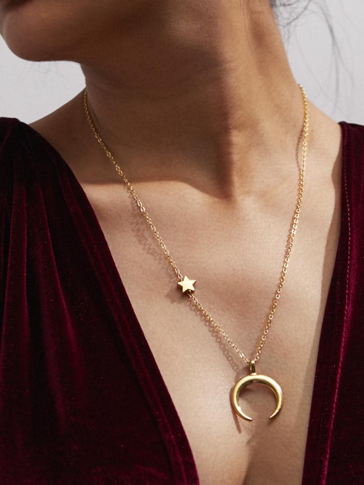 Romwe Crescent Moon & Star Chain Necklace
