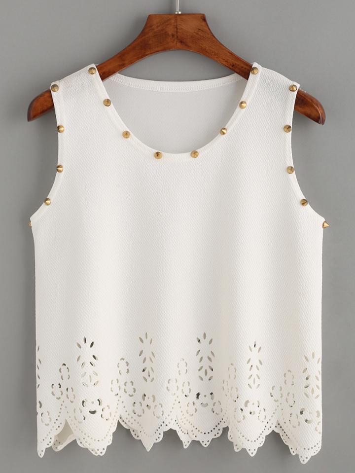 Romwe White Scalloped Hollow Out Studded Tank Top
